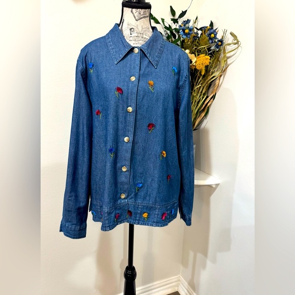 Lemon Grass Denim multicolor Embroidered denim Style Button down Top Size Large - Picture 1 of 7